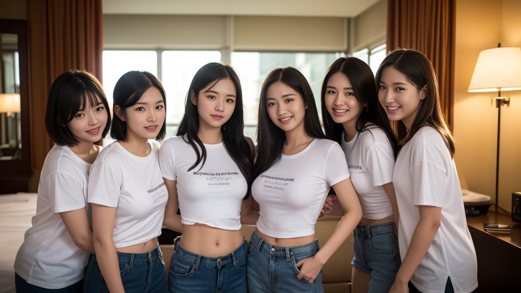 ((super high quality、High resolution、masterpiece、 Anatomically correct、Super detailed photos、Ultra-realistic photos、 Highest quality))、(3girs)、looking at viewer、Hotel room with a night view、Large window with a night view、、Three girls holding each other close、(cowboy shot)、(white Tshirt:1.2)、short pants、((from front))、(large breast)、Small waist、Detailed face、Perfect figure、black hair、Short Hair
