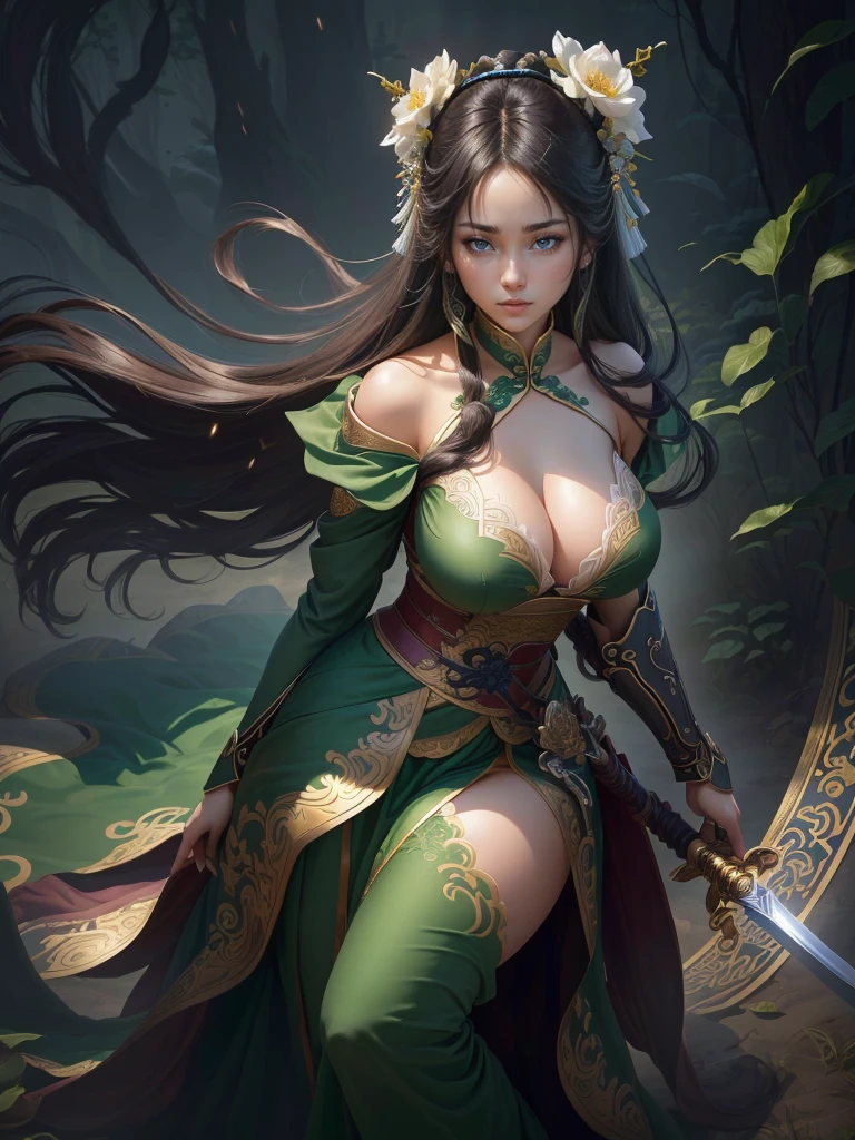 a woman in a green dress holding a sword and a flower, inspired by Li Mei-shu, inspired by Shen Zhou, inspired by Wu Li, inspired by Wu Zuoren, yun ling, inspired by Ju Lian, inspired by Li Tang, full body xianxia, inspired by Qiu Ying, inspired by Lan Ying, xianxia hero, Highly detailed CG unit 8k wallpaper, masterpiece, High resolution, highest quality, highest quality real texture skin, Super Real, Digital Painting, Best image quality, 最High resolution, 8k, ((Highly detailed eyes and face, Beautiful eyes every detail)), 1girl, Full Body Shot, Saggy breasts, Gravity-dependent breasts, long chest, Heavy chest, disproportionate breasts, huge breasts, sagging breasts, gigantic breasts, (erect nipple), Off the shoulder, 