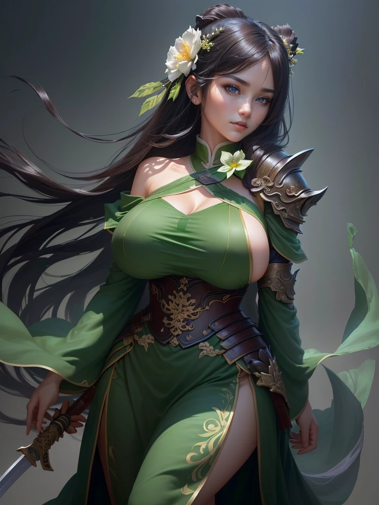 a woman in a green dress holding a sword and a flower, inspired by Li Mei-shu, inspired by Shen Zhou, inspired by Wu Li, inspired by Wu Zuoren, yun ling, inspired by Ju Lian, inspired by Li Tang, full body xianxia, inspired by Qiu Ying, inspired by Lan Ying, xianxia hero, Highly detailed CG unit 8k wallpaper, masterpiece, High resolution, highest quality, highest quality real texture skin, Super Real, Digital Painting, Best image quality, 最High resolution, 8k, ((Highly detailed eyes and face, Beautiful eyes every detail)), 1girl, Full Body Shot, Saggy breasts, Gravity-dependent breasts, long chest, Heavy chest, disproportionate breasts, huge breasts, sagging breasts, gigantic breasts, (erect nipple), Off the shoulder, 