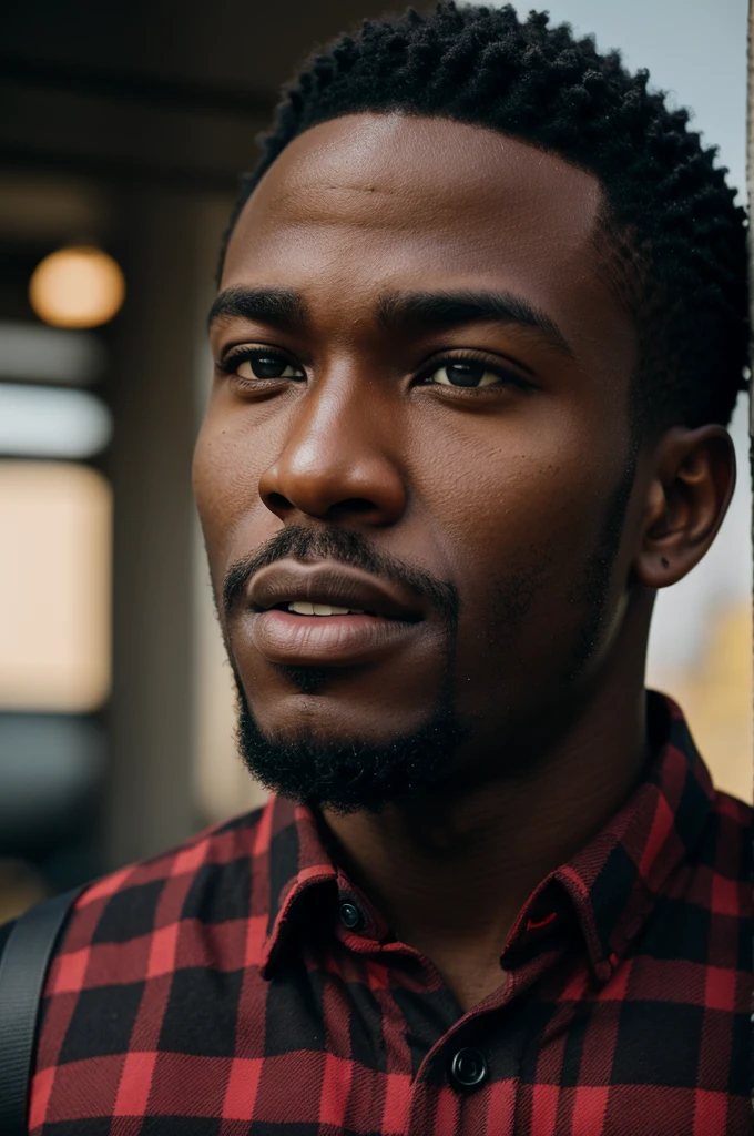 lifestyle photography photo of a black man, anticipate facial expression, red flannel shirt, black cargo pants and combat boots, close up on face, under soft lighting, high angle, shot on a Fujicolor Pro