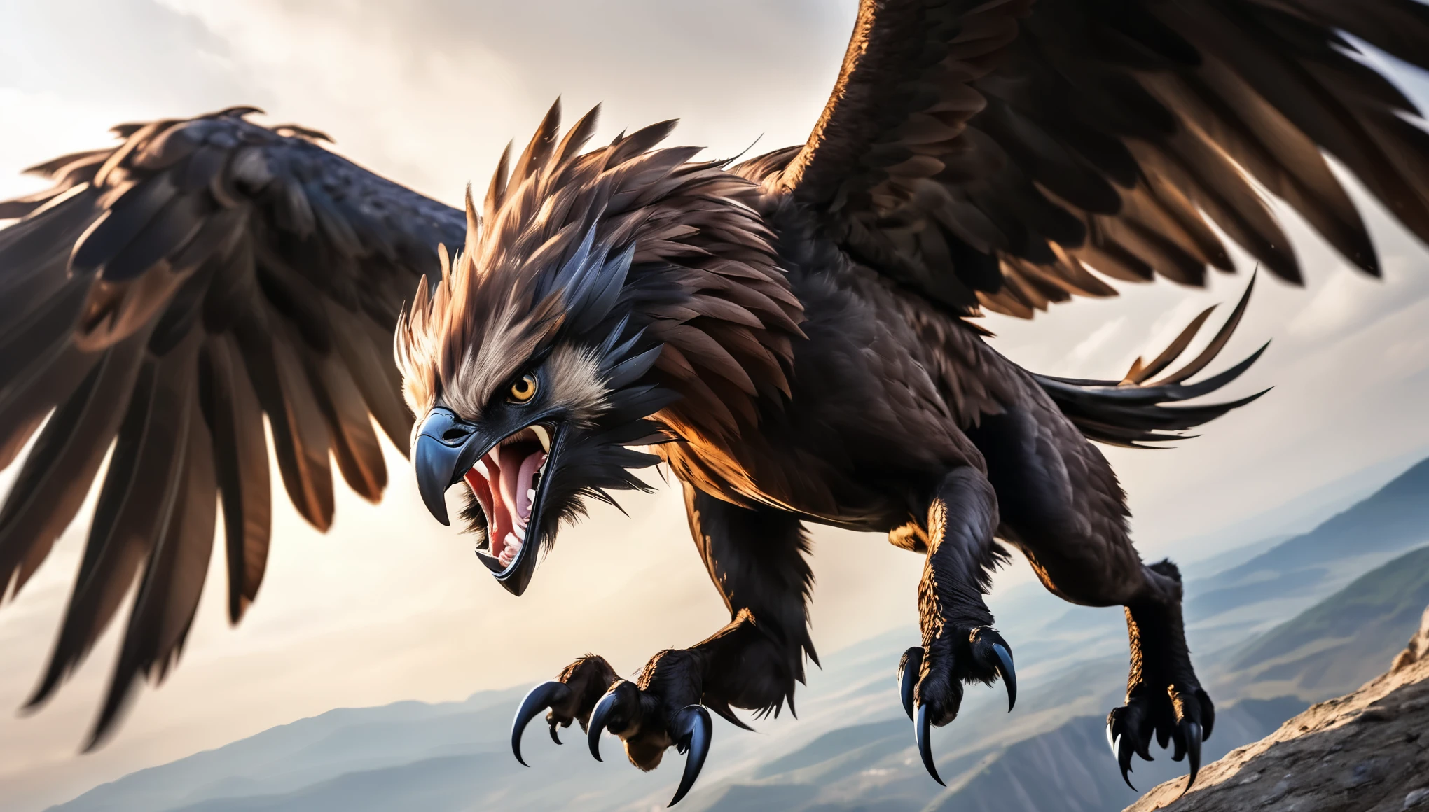 Realistic photos, RAW Photos, Griffon, attacks viewer, Powerful movements, jump on prey, ((Dynamic jump)), Sharp Claws, Griffon approaching from above, sudden approach, Bad-tempered, dynamic Shot from grand