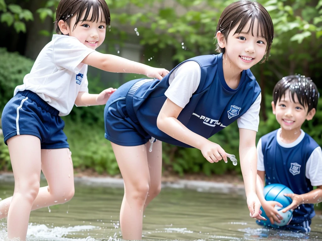 In the forest、 in the countryside、Swimming in the river、Bathing in water、Cute eletary boy、Boy in gym clothes、The bottom of the white T-shirt is blue、Blue shorts、The boys are playing、Get wet all over、Noisy boys、Splashing Water、Japanese、(Boy 1.4)、high resolution、high quality