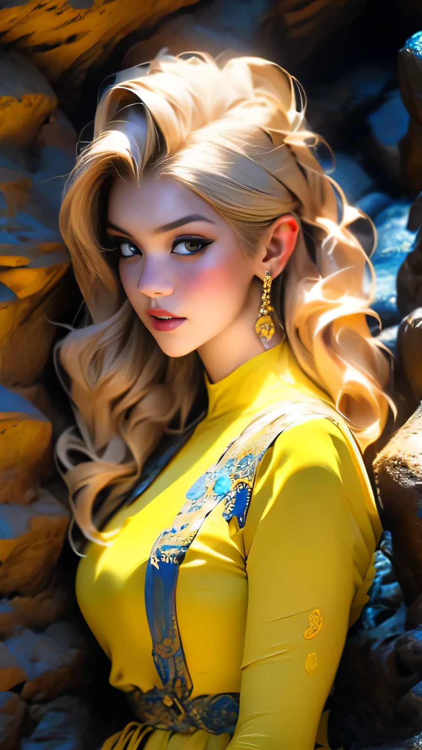 (Surreal), (picture), (High resolution), (In 8K), (Very detailed), (Best Illustration Photos), (Beautiful and fine details), (最high quality), (Ultra-detailed), (masterpiece), (wallpaper), (Detailed face), solo, One Girl, Blonde Wavy Hair, Korean Beauty,Black Eyes, ((ゆったりとしたBlue and yellow maid outfit)), Long legs, Toned Abs, Big Tits､stockings、((In a dark cave))、((Pause＿random))､((Upper body portrait))), Upper body portrait, masterpiece, 最high quality, high quality, High resolution, Blue and yellow maid outfit