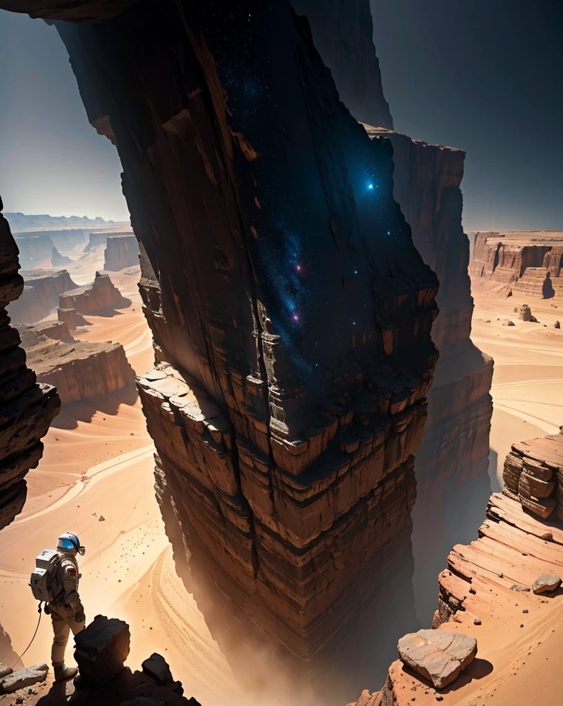 An astronaut stands at the edge of an imposing canyon on Mars, looking into the abyss that stretches out before him. The scene is set at night, illuminated by the stars and the faint glow of the planet. The canyon, with its steep and rugged walls, appears insurmountable, and the astronaut, in his spacesuit, screams into the void, expressing a mix of wonder and frustration. The Martian landscape is dotted with rocks and shadows, creating an atmosphere of mystery and challenge.