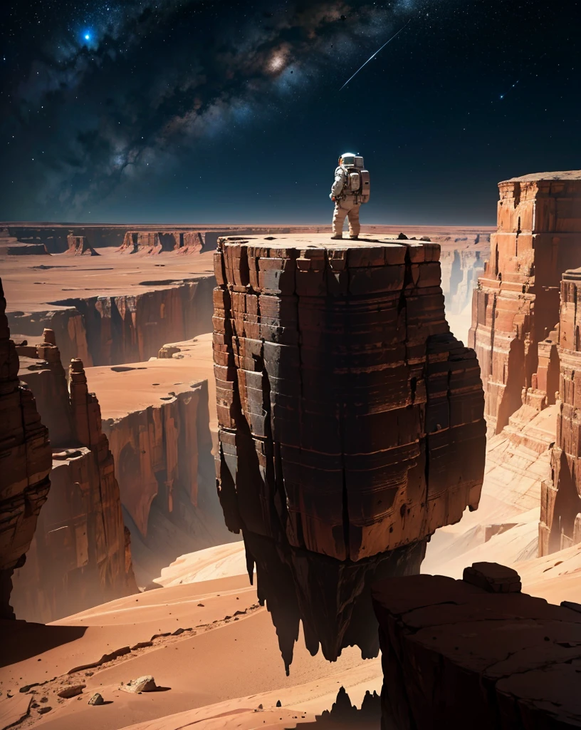 An astronaut stands at the edge of an imposing canyon on Mars, looking into the abyss that stretches out before him. The scene is set at night, illuminated by the stars and the faint glow of the planet. The canyon, with its steep and rugged walls, appears insurmountable, and the astronaut, in his spacesuit, screams into the void, expressing a mix of wonder and frustration. The Martian landscape is dotted with rocks and shadows, creating an atmosphere of mystery and challenge.