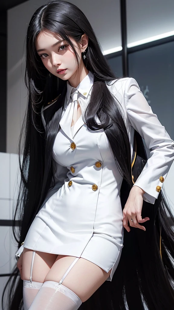business woman, beautiful woman, Decorated with military insignia, Wear a suit and tie., Short skirt, businessuitwhite, กระโปรงดินสอสั้นwhite, businessuitรัดรูป, All white outfit, Emphasize the curves of the body, (สาวสวยTwo meter long hair, my hair is very long., extra long hair, long black hair), businessuit, (suitสไตล์อิตาลี, suitสองปุ่ม), (italian dress, white สูท, Set of two buttons), (wear women's clothes'suit, women's business suit, white), (สูทผู้หญิงwhite), (เสื้อเชิ้ตwhite), necktie, (necktieสั้นสีดำ, necktieสีดำ, necktieผอม, ถักnecktie), (military rank insignia), (Short pencil skirtwhite), (Dynamic posts), full body, (A gigantic rift), (big breasts, Thin body, small waist, hips raised, small thighs, Long legs), high-heelsสีดำ, (Short pencil skirt, white), Wearing a suit for a business woman, (Wearing a white businesสูท, businessuitหญิงwhite), (tight, military regalia, เสื้อwhite, กระโปรงwhite), Long legs, (black shoes), (Two gold สูท buttons, Two meter long hair, suitเข้ารูป, เสื้อสูทwhiteทรงธรรมดารัดรูป), (black shoes, high-heels), (stand, walk, elegant posture, Dynamic posts), short dress, earring, garden, modeling, ภาพfull body, เหมือนfull body