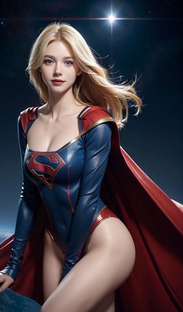 The actress Sidney Sweeney as the character Supergirl, extremely beautiful blue eyes, beautiful blond hair, incredible beautifulanatomy, smooth curves, perfect anatomy, underneath angle view, perfect smile, red cape, space in the background