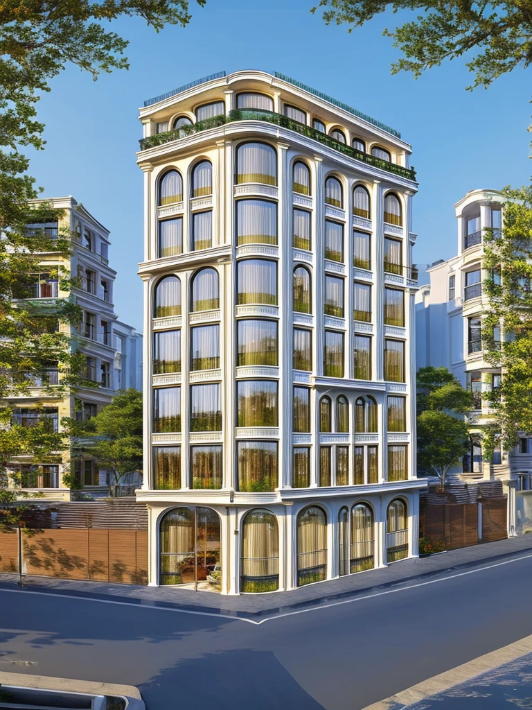 (masterpiece, best quality:1.2) 1white neoclassic building, (curved window), plants on company, building, exterior, architecture design, building in street