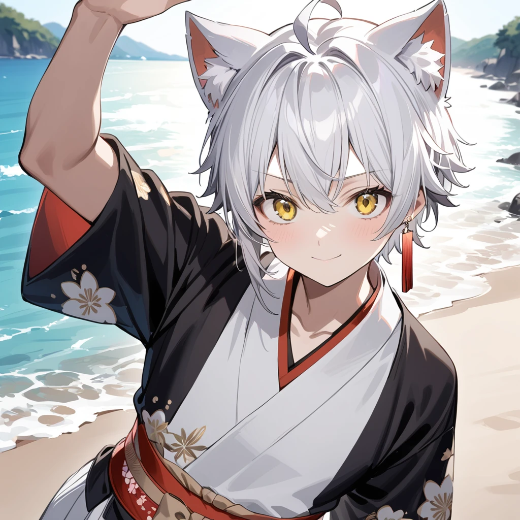 dynamic pose, ((cat_boy)),1boy,male focus,(white animal ears),white hair, short hair with single long lock,(split color kimono),(white kimono),(black kimono),(red lapel),ahoge,yellow eyes,dot nose,closed mouth, BREAKE outdoors, beach, ocean, marin, necklace, bracelet,happy, cute, sunlight,, close-up, aiming at you, waterstream, splash,white hakama skirt,red and white single earring,obi,red sash,beige bow,print kimono