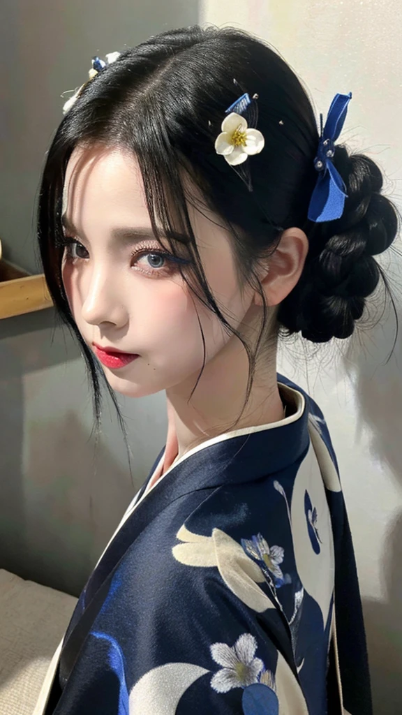 Black hair Blue eyes　sexy kimono　Black　Fang hairpin,long hair,アイライン,長いまつ毛