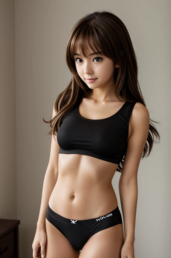 A cute brown haired anime girl with black tops and black underwear