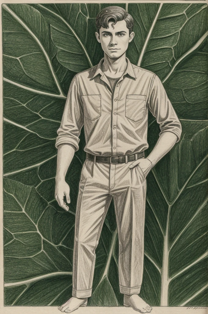 Drawing of a male figure centered on the leaf, medium size, with few facial details, large eyes, small mouth, thin and disproportionate limbs, hands in pockets Hands in please 