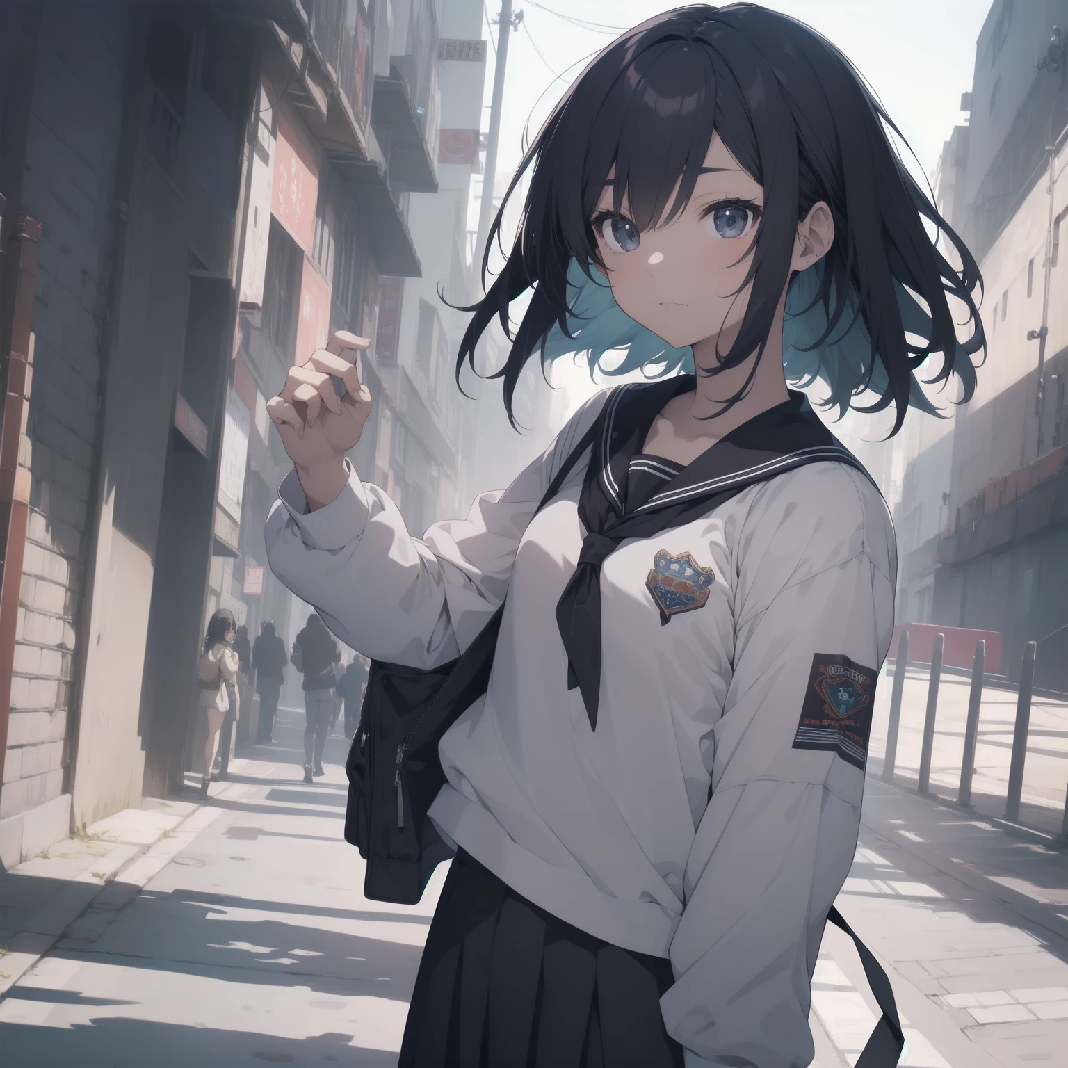 ultra-absurdres-Top quality by artist God, ultra-detailed, high resolution, anime moe artstyle, best anime 8k konachan wallpaper, pixiv contest winner, pool:2810, perfect anatomy,break, 1girl, (Please draw a girl walking sleepily to school alone. )break,(Solo,little female, 13-year-old:1.3),Full limbs, complete fingers,a junior high school student, (very short hair), short cut, flat chest, , small butt, small black eyes, beautiful detailed eyes, well-proportioned iris and pupils, expressive eyes, highres detailed hair, soft expression, salor school_uniform, sailor collar, serahuku, bow, pleated skirt,(Detailed Lighting), (Detailed background), in the School commute route. break,super detailed skin, Best cinematic lighting powered by famous artist, 8k,beauty illustration,photoshop_(medium),very aesthetic,break,((artist:yuuhagi_(amaretto-no-natsu) )), artist:clamp ,artist:carnelian ,artist:kantoku ,