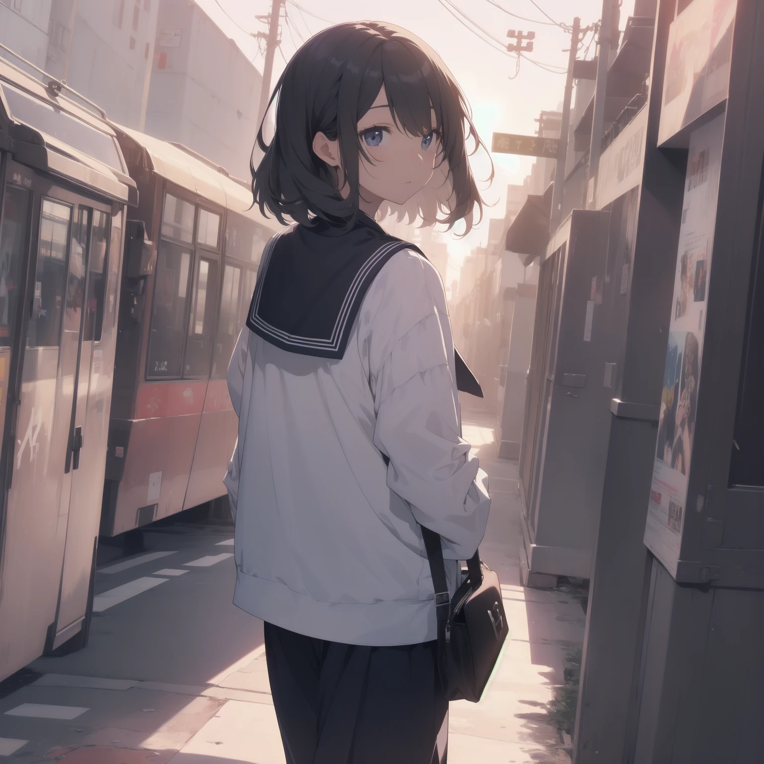 ultra-absurdres-Top quality by artist God, ultra-detailed, high resolution, anime moe artstyle, best anime 8k konachan wallpaper, pixiv contest winner, pool:2810, perfect anatomy,break, 1girl, (Please draw a girl walking sleepily to school alone. )break,(Solo,little female, 13-year-old:1.3),Full limbs, complete fingers,a junior high school student, (very short hair), short cut, flat chest, , small butt, small black eyes, beautiful detailed eyes, well-proportioned iris and pupils, expressive eyes, highres detailed hair, soft expression, salor school_uniform, sailor collar, serahuku, bow, pleated skirt,(Detailed Lighting), (Detailed background), in the School commute route. break,super detailed skin, Best cinematic lighting powered by famous artist, 8k,beauty illustration,photoshop_(medium),very aesthetic,break,((artist:yuuhagi_(amaretto-no-natsu) )), artist:clamp ,artist:carnelian ,artist:kantoku ,