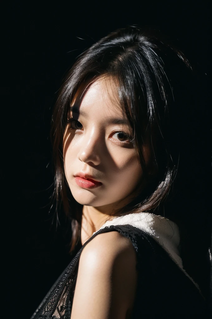 Best Quality,Masterpiece,Ultra High Resolution,(Realisticity:1.4),Original Photo,
1Girl,shadow,black background,