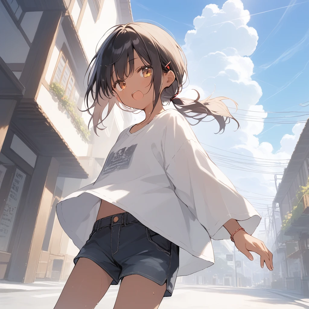 score_9, score_8_up, score_7_up, source_anime, best quality, masterpiece, official art, absurdres, highres, ultra-detailed,waifu2x,Collection: Slice of Life,break,1girl, tomboy, dark-skinned female, short hair, low ponytail, flat chest, beautiful detailed eyes, short shorts, sweat, open mouth, (yawn:0.3), sleepily, outdoors, wind,break,(clear line illustration:1.2), super detailed skin,very high resolution, very aesthetic, Best sexual lighting powered by famous artist, 8k,cute picture,beauty illustration,photoshop_(medium),,(Detailed Lighting),best anime 8k konachan wallpaper, pixiv contest winner,