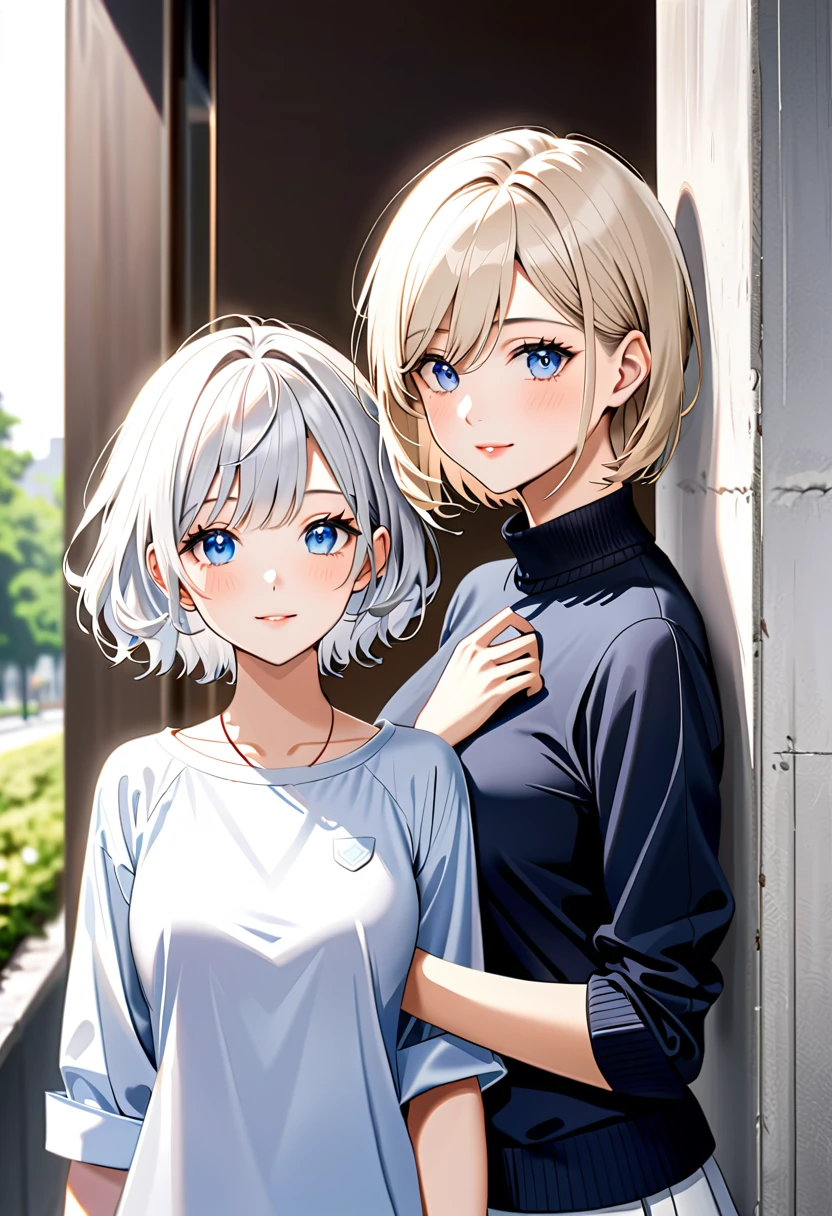 Blonde woman with blue eyes and a black sweater leaning against a wall, Short white hair, white hair color, Messy wavy white hair, short bob white hair, Medium length white hair, White shorthair, Gray-haired lady, white fringe hair, flowy white grey hair, Silvery white hair, Gray-haired, White Hair - Blonde, Bright white hair