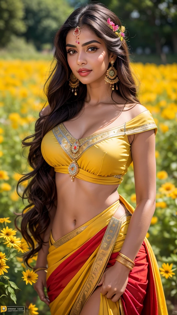(((HD photo))), ultra high res.photorealistic:. 1.4, UHD, masterpiece, trending on artstation, portrait, 1girl, pretty, cute face, most beautiful in the world, soft, delicate, wavy blonde hair, large huge breasts, a vibrant Indian woman with olive skin and dark hair styled in loose waves. She has striking, almond-shaped eyes with bold eyebrows and intense,. Her lips are painted in a subtle, natural color, A carefree Indian woman with a contagious laugh lies amidst a field of brightly colored wildflowers. She wears a whimsical off-the-shoulder dress with floral patterns. The camera (50mm lens, unzoomed) captures her from a low angle, framing her against the vastness of the flower field. The sunlight creates a natural spotlight on her joyful expression