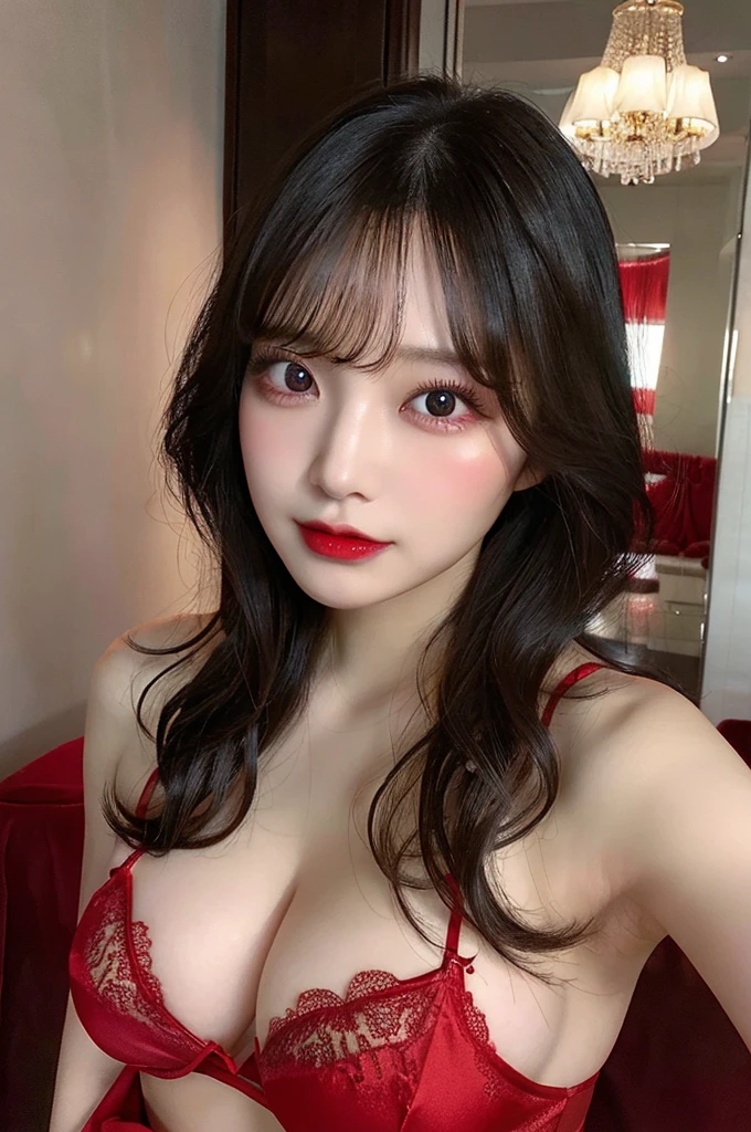 8k,(NSFW、Red Lingerie、Nipples:1.5)、(Glamorous Body、Big Tits、busty breasts:1.8)、Long black hair、Super beautiful woman、double eyelids、Tear bags、Big, round eyes、Long eyelashes)、highest quality