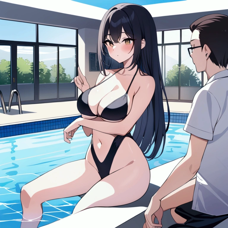 woman, teacher, Black medium hair, Straight Hair, Huge , Swimsuit, High leg, Pool