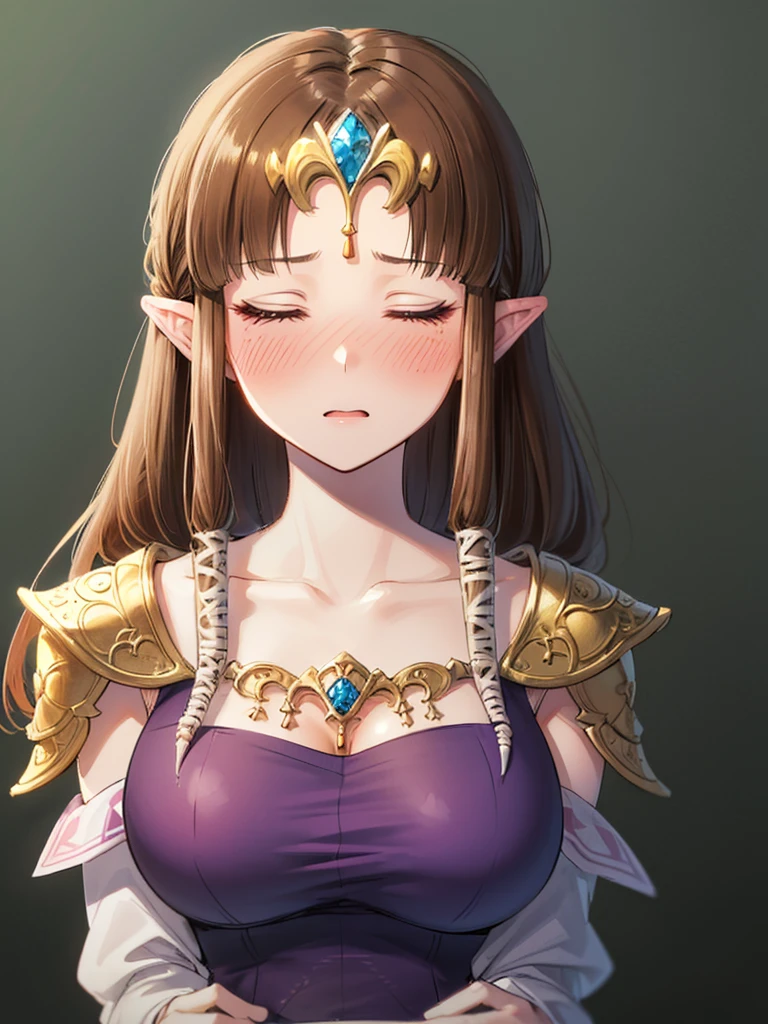 ((((Very beautiful mature woman)))),((surprised),((Scared)),((Close your eyes)),((((Exposed shoulders)))),(((look up))),,(((No bangs)),,(((Long Hair)))),((Big Breasts)),((((Exposed shoulders)))),((My hair is blowing in the wind)),Princess Zelda, ((Highest quality)),,(Very detailed) ,,((Purple blouse)),Brown Hair,((Embarrassed look)),blush, ((Highest quality)), (Very detailed), ,(((Dark brown hair))),Golden hair ornament, (Straight hair), face,blush,((alone)), ((Highest quality)), (Very detailed), ,