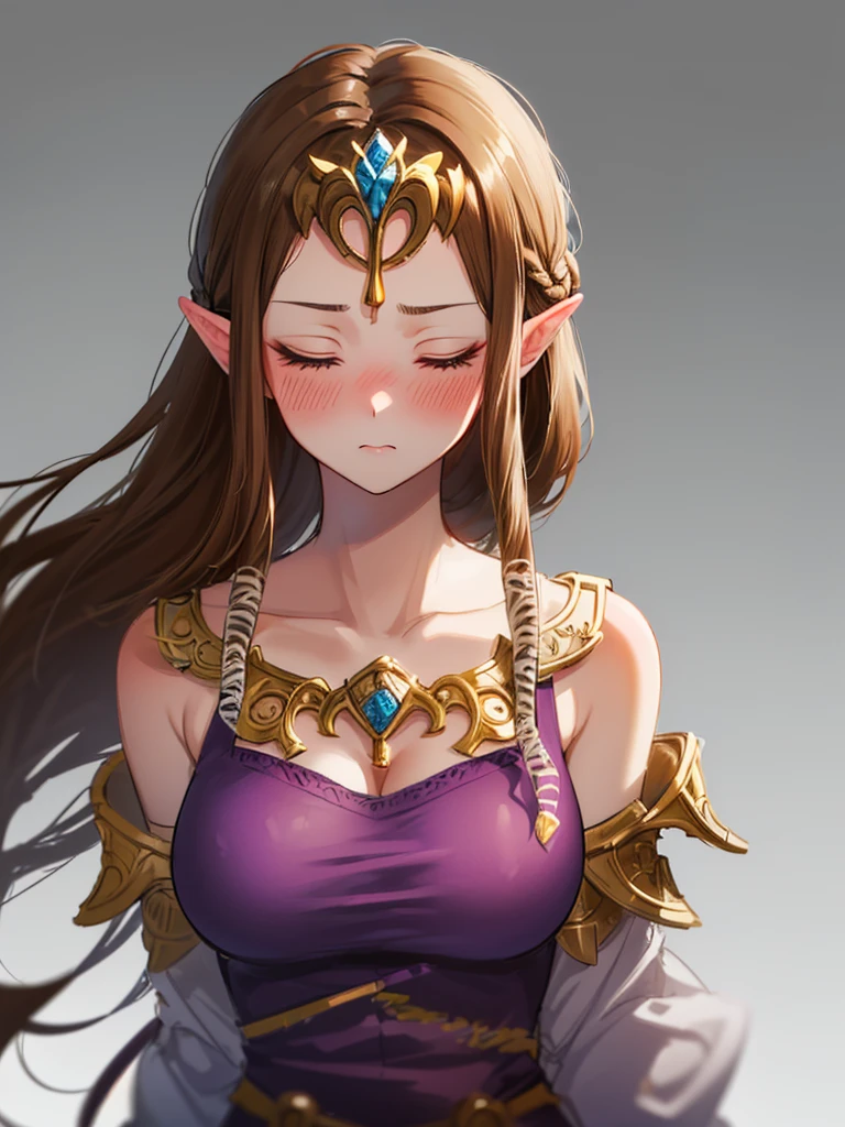 ((((Very beautiful mature woman)))),((surprised),((Scared)),((Close your eyes)),((((Exposed shoulders)))),(((look up))),,(((No bangs)),,(((Long Hair)))),((Big Breasts)),((((Exposed shoulders)))),((My hair is blowing in the wind)),Princess Zelda, ((Highest quality)),,(Very detailed) ,,((Purple blouse)),Brown Hair,((Embarrassed look)),blush, ((Highest quality)), (Very detailed), ,(((Dark brown hair))),Golden hair ornament, (Straight hair), face,blush,((alone)), ((Highest quality)), (Very detailed), ,