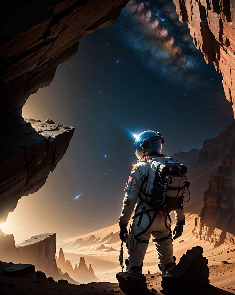 An astronaut stands at the edge of an imposing canyon on Mars, looking into the abyss that stretches out before him. The scene is set at night, illuminated by the stars and the faint glow of the planet. The canyon, with its steep and rugged walls, appears insurmountable, and the astronaut, in his spacesuit, screams into the void, expressing a mix of wonder and frustration. The Martian landscape is dotted with rocks and shadows, creating an atmosphere of mystery and challenge.