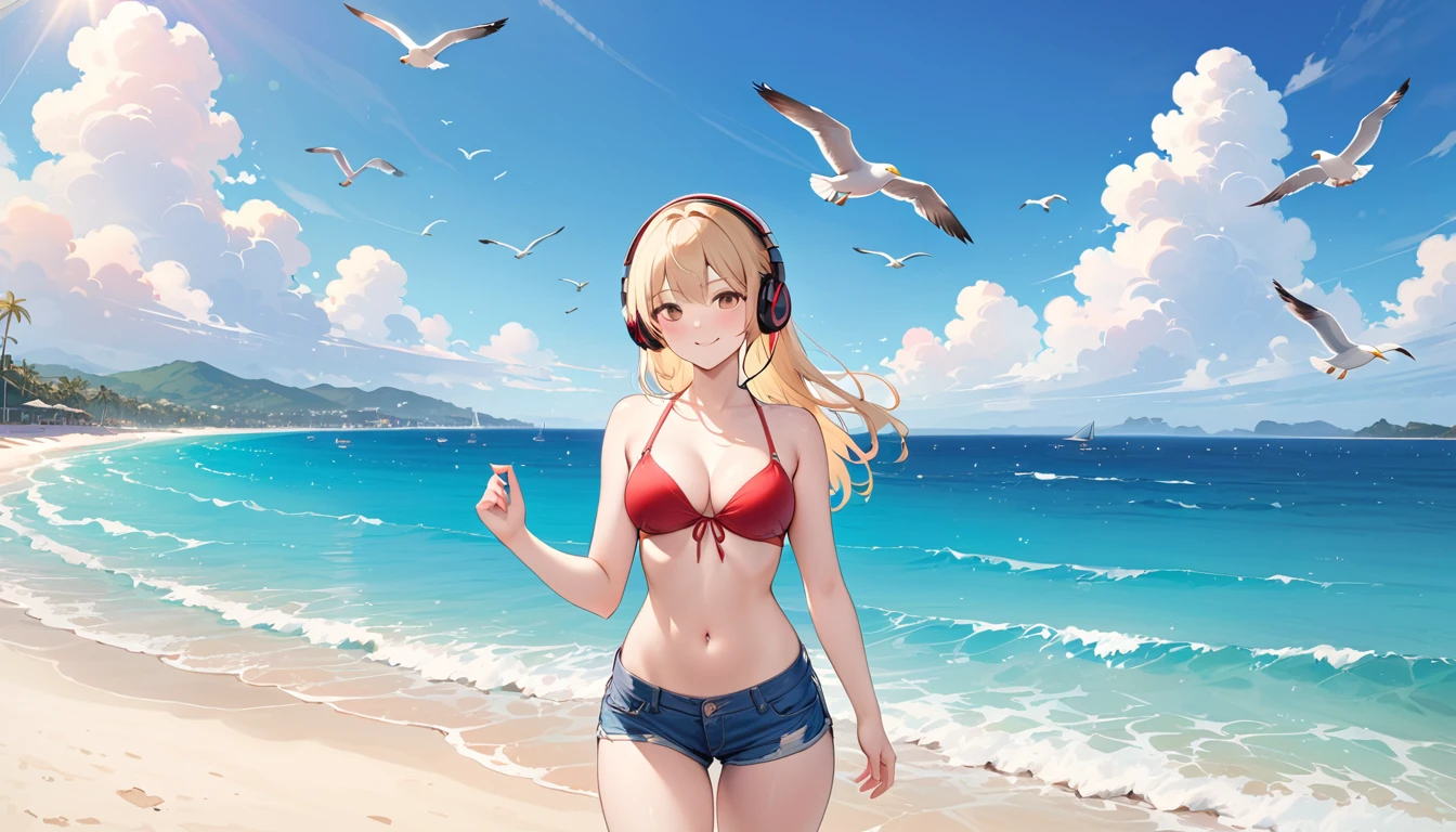 masterpiece、high resolution 8k、NSFW、sharp focus、contrast lighting、fine skin、muste piece、 highest quality、Ultra - High resolution、Super high resolution、Highly detailed CG、1girl,standing,a beach,sea,The sky is clear and blue,a few scattered clouds,sunny day,seagull, a red bikini top,blue denim jacket shorts,long blonde hair hair,smiling,headphone,