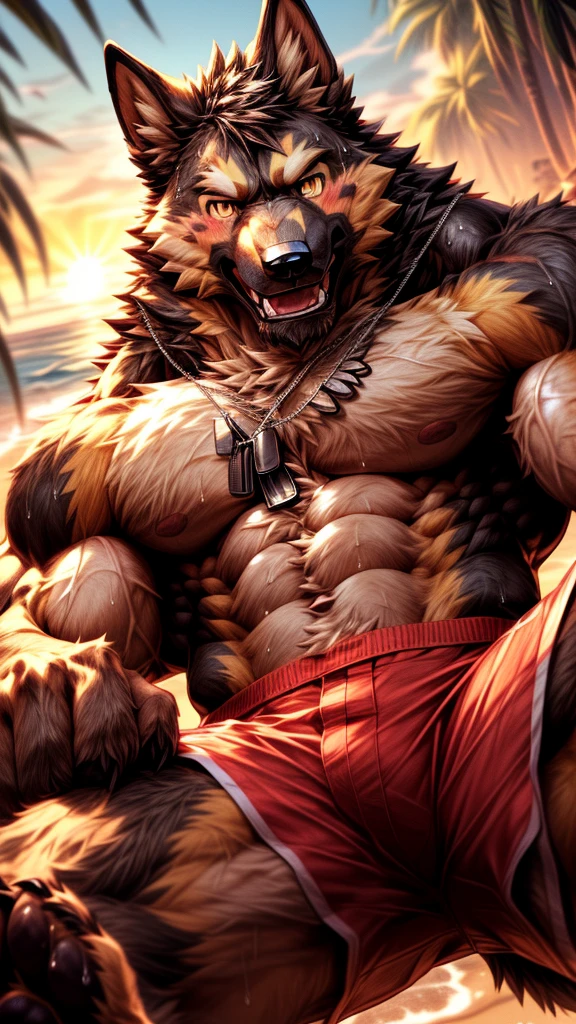 ((masterpiece)), ((high resolution)), ((Anime style)), ((best quality)), ((super fine illustration)), ((highly details)), ((8k)), ((detailed face)), ((detailed hands)), ((detailed body)), ((detailed eyes)), ((solo)), (by null-ghost), ((German shepherd dog)), ((fluffy dog)), ((male anthro)), ((anatomically correct)), ((pawpads:1.3)), (five fingers), ((perfect hands)), ((tuft)), ((fluffy fur:1.3)), ((fluffy fur body:1.3)), ((detailed fluffy fur)), ((big yellow eyes)), ((looking at viewer)), ((shoot from front)), ((close up portrait:1.8)), ((furry)), ((huge muscular male:1.3)), ((muscular figure)), ((massive and strong body)), ((vein:1.3)), ((veiny muscles:1.3)), ((huge pecs:1.4)), ((big muscles:1.3)), ((muscular arms)), ((muscular legs)), ((six pack abs:1.6)), (Oblique muscle), serratus anterior muscle, ((thick thighs:1.3)), ((blush)), (long snout), (big tail), (canine teeth), (fangs), open mouth, ((breath visible)), ((sweaty:1.8)), ((wearing dog tags:1.6)), ((dynamic pose:1.3)), ((in the seaside)), ((on the beach)), ((the sun)), ((detailed background)), ((cinematic lighting)), ((gorgeous light and shadows)), ((highly detailed background)), ((wearing red short shorts:1.6))