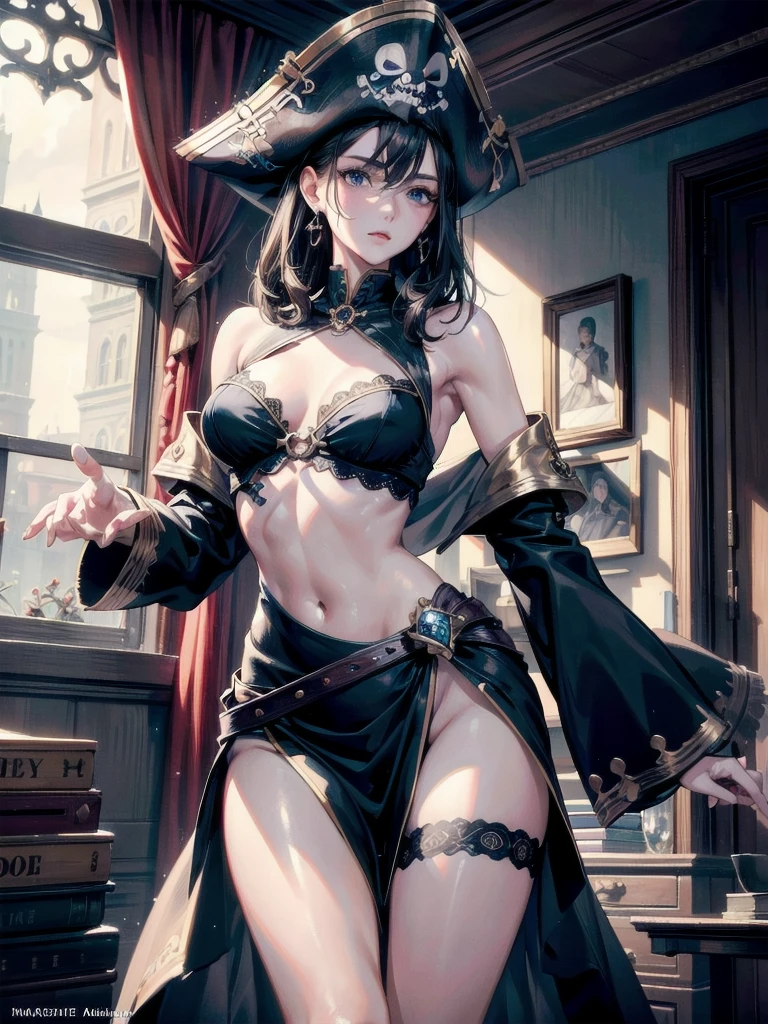absurdres, RAW photo, extremely delicate and beautiful, masterpiece, Best Quality, ultra high resolution, 32k, hyperrealistic, ultra-detailed, perfect anatomy, super Detailed skin, perfect figure, Super Beauty, Perfect Style, Perfect balance, Beautiful Lighting, Perfect Lightning, Realistic Shadows, 20 years old, very Slim body, narrow waist, very small head, very small face, delicate facial features, handsome detailed woman, very detailed eyes and face, realistic face proportions, Realistic beautiful face, Realistic beautiful eyes, tearful mole, earring, very huge round breasts, legs, medium hair, whole body shot, indoor, (Practical pirate clothing), Long-sleeved pirate top, Skirt,Torn pirate hat,