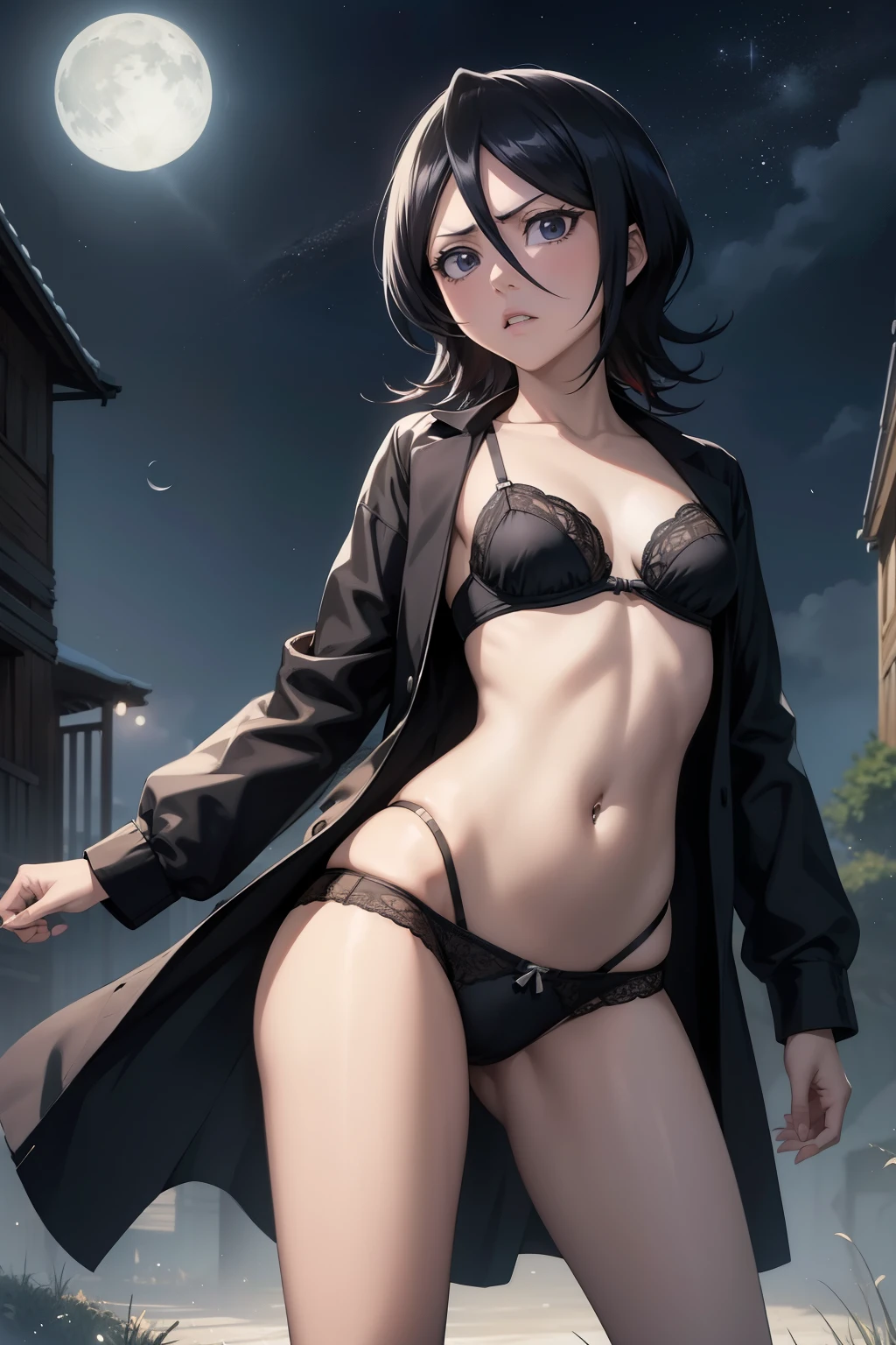 Rukia , anime , masterpiece , Masterpiece ,ultra detailed, rukia , Angry face , solo , black jacket, open clothes, bra , flat chest , pantie , long socks , looking at viewer . Standing ,night , moon background. Belly button piercing.