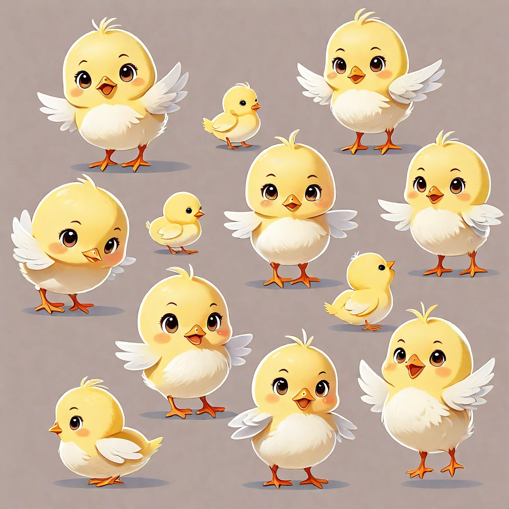 a chick, illustration, flat, cute, children's book, multiple poses and expressions, (isolated white background:1.3), pull Trolley Bag