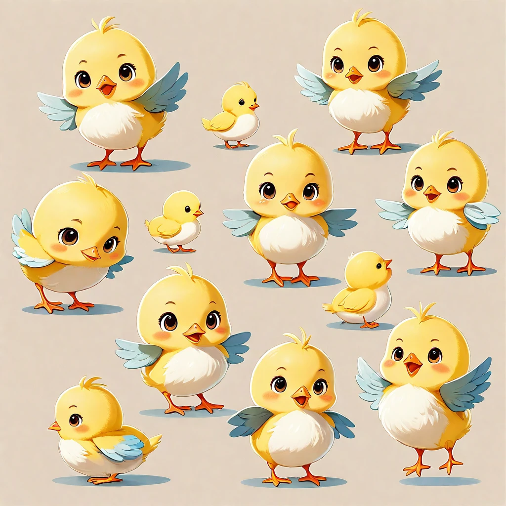 a chick, illustration, flat, cute, children's book, multiple poses and expressions, (isolated white background:1.3), pull Trolley Bag