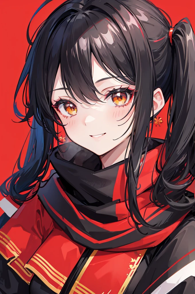 black side ponytail, stupid hair, portrait, passionate, girl, confident smile, golden eyes, red cloth scarf, B cup, Black Jacket, Stately Pose