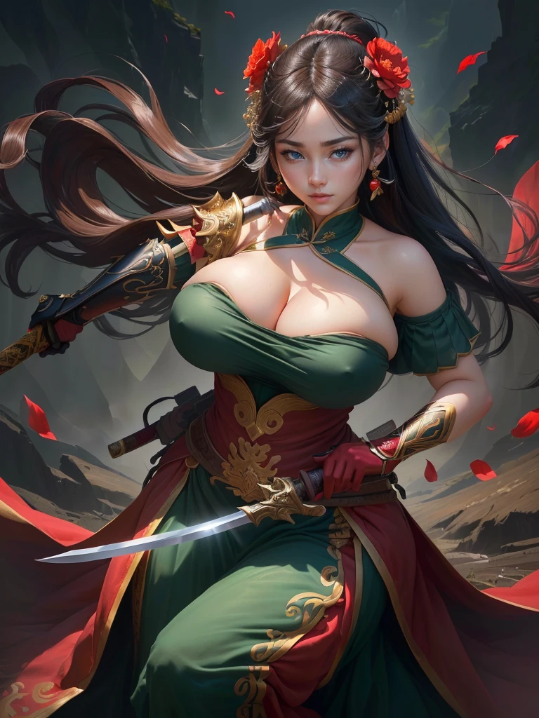 a woman in a red dress holding a sword and a flower, inspired by Li Mei-shu, inspired by Shen Zhou, inspired by Wu Li, inspired by Wu Zuoren, yun ling, inspired by Ju Lian, inspired by Li Tang, full body xianxia, inspired by Qiu Ying, inspired by Lan Ying, xianxia hero, Highly detailed CG unit 8k wallpaper, masterpiece, High resolution, highest quality, highest quality real texture skin, Super Real, Digital Painting, Best image quality, 最High resolution, 8k, ((Highly detailed eyes and face, Beautiful eyes every detail)), 1girl, Full Body Shot, ((Cleavage, Saggy breasts, Gravity-dependent breasts, long chest, Heavy chest, disproportionate breasts, huge breasts, sagging breasts, gigantic breasts, erect nipple)), Off the shoulder, smile, 