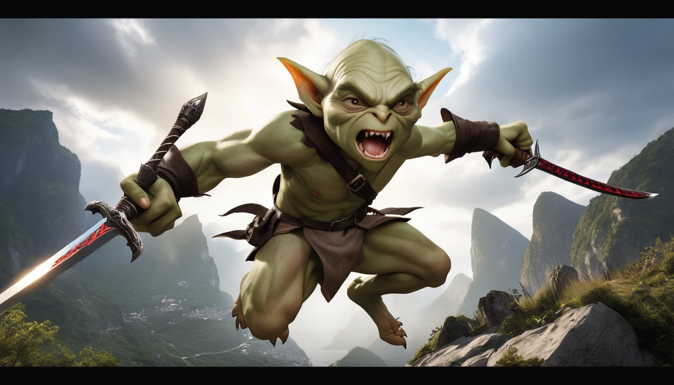 Realistic photos, RAW Photos, goblin, attacks viewer, Powerful movements, jump on prey, ((Dynamic jump)), Sharp Claws, goblin approaching from above, sudden approach, Bad-tempered, dynamic Shot from grand, have a sword
