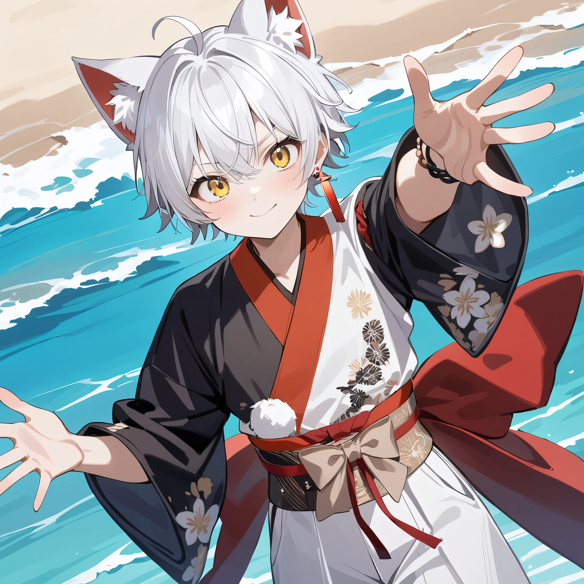 dynamic pose, ((cat_boy)),1boy,male focus,(white animal ears),white hair, short hair with single long lock,(split color kimono),(white kimono),(black kimono),(red lapel),ahoge,yellow eyes,dot nose,closed mouth, BREAKE outdoors, beach, ocean, marin, necklace, bracelet,happy, cute, sunlight,, close-up, aiming at you, waterstream, splash,white hakama skirt,red and white single earring,obi,red sash,beige bow,print kimono