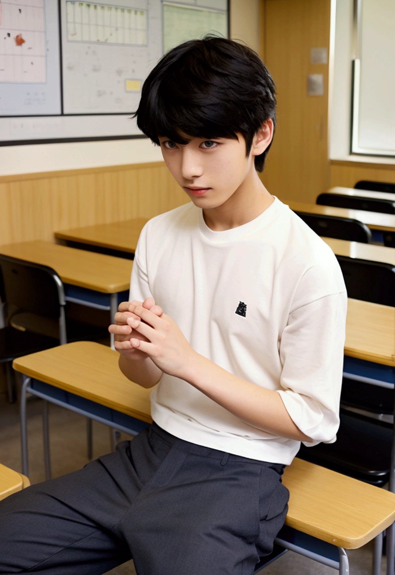 One boy、Beautiful Boy、18-year-old、Japanese Boy、Beautiful Boy、Black Hair、classroom、White underwear、Change of clothes