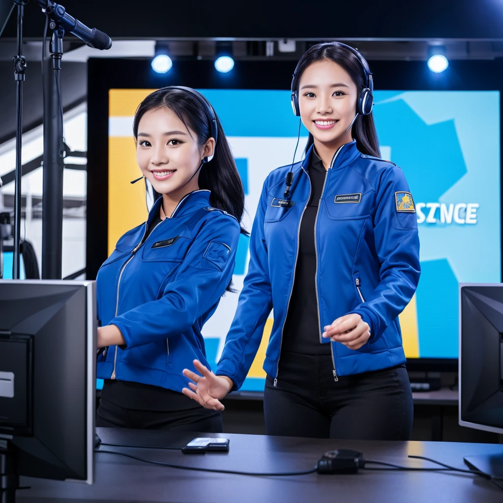 Photography image of an Indonesian female customer service person wearing a black wireless mic, wearing a blue long jacket. Radiant face, smile, charismatic. Background view in a spacious studio, several monitor screens. Realistic, ultra hd 24k, stand full body view.