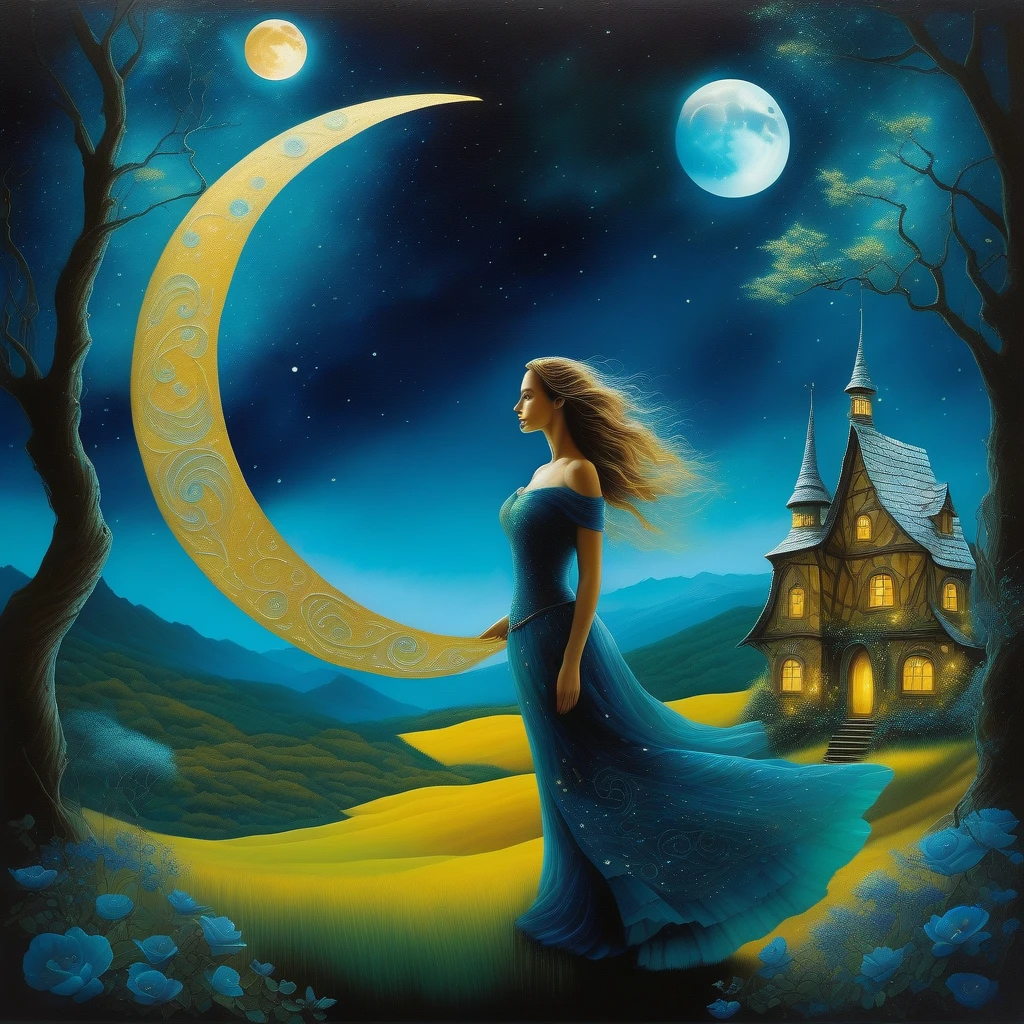 stunning composition with a woman from the Fairy Village, gracefully juxtaposed against the celestial backdrop of space, ethereal glow of the moon and the vibrant tones of the Earth, images with drawn multiple exposure effects, mix media into paintings photographs illustration, stunning extremely exceptional sharpness and unparalleled clarity, Mesmerizing, breathtaking details that seem almost unrealistic, Extremely fascinating with breathtaking details, brushstroke technique with exquisite details very unrealistic, Stunning brushstroke technique with unrealistic exquisite details, creating dark cyan gel paint in colors, beautiful crazy glow, adds a stunning high-contrast scene, overall stunning beautiful, surprisingly precise and elaborate throughout, overall stunning beautiful visually feminine captivating represents watercolor masterpiece, Crazy glow further enhances the otherworldly atmosphere,