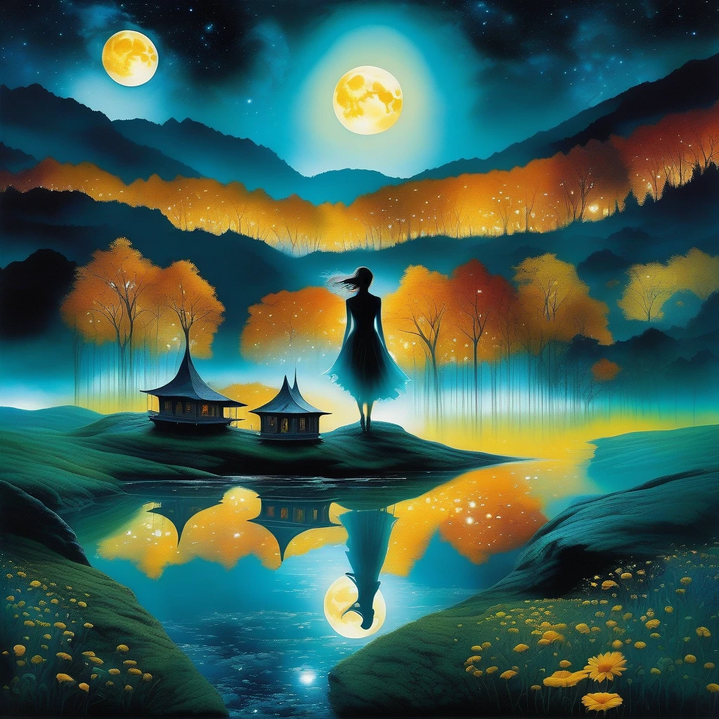 stunning composition with a woman from the Fairy Village, gracefully juxtaposed against the celestial backdrop of space, ethereal glow of the moon and the vibrant tones of the Earth, images with drawn multiple exposure effects, mix media into paintings photographs illustration, stunning extremely exceptional sharpness and unparalleled clarity, Mesmerizing, breathtaking details that seem almost unrealistic, Extremely fascinating with breathtaking details, brushstroke technique with exquisite details very unrealistic, Stunning brushstroke technique with unrealistic exquisite details, creating dark cyan gel paint in colors, beautiful crazy glow, adds a stunning high-contrast scene, overall stunning beautiful, surprisingly precise and elaborate throughout, overall stunning beautiful visually feminine captivating represents watercolor masterpiece, Crazy glow further enhances the otherworldly atmosphere,