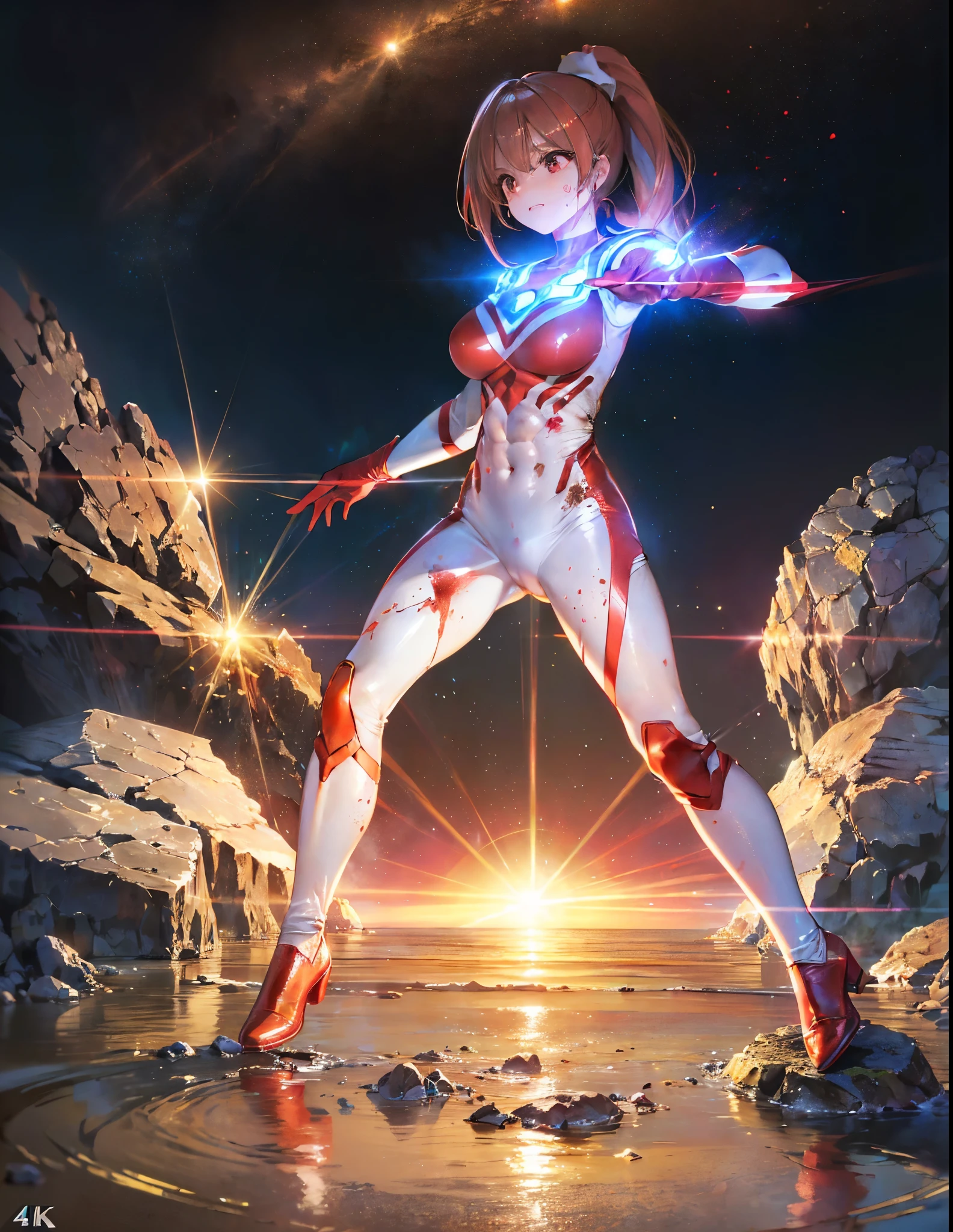 (Close-up:1.2),Realistic,Highest quality, Ultra Detail, High-quality CG rendering, The most delicate and beautiful, Floating softly, High resolution, (1 giant girl), (Highest quality,4K,8k,masterpiece:1.2),(All red hair:1.5), (ponytail:1.5),(Red eyes:1.5), (Ultra Girl:1.0), (All red Ultraman bodysuit:1.4),(Do not expose your skin:1.6),(Slightly larger :1.5),(Red gloves:1.3),(Red Shoes:1.3),(whole body:1.3),(Are standing:1.3),(Plain surrounded by rocks:1.3),(Brown sandy ground:1.3),(Fighting Pose:1.3),(sweating:1.3),(Wounded:1.3),(Brown mud stains:1.3),(front:1.4),(Good abs:1.4)