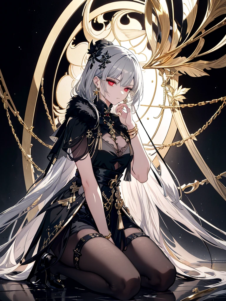 8k,High resolution RAW color art, Anime Art,Silver Marble Skin, (((Highly detailed elegant))), Detailed skin, texture,(Exquisitely crafted, The finer details, Ultra-detailed art), (((1 girl))), Depth of written boundary, Silky Touch, Hyper Detail, (((Cool face))), eye shadow、Armed women, Beautiful detailed red eyes, Beautiful lip detail, Highly detailed face, Delicate depiction of hair and eyes, Detailed Fashion, Golden Earrings,Full body depiction, Black half top、Waist exposed、Black shorts、Waist Cloak、black tights、Golden decoration, Light gray hair, Golden bracelet, Straight Hair、(((Hair)))、moonlight、Calm background、(((Black theme)))、Snowflake background、Side view、Kneeling、Less exposure