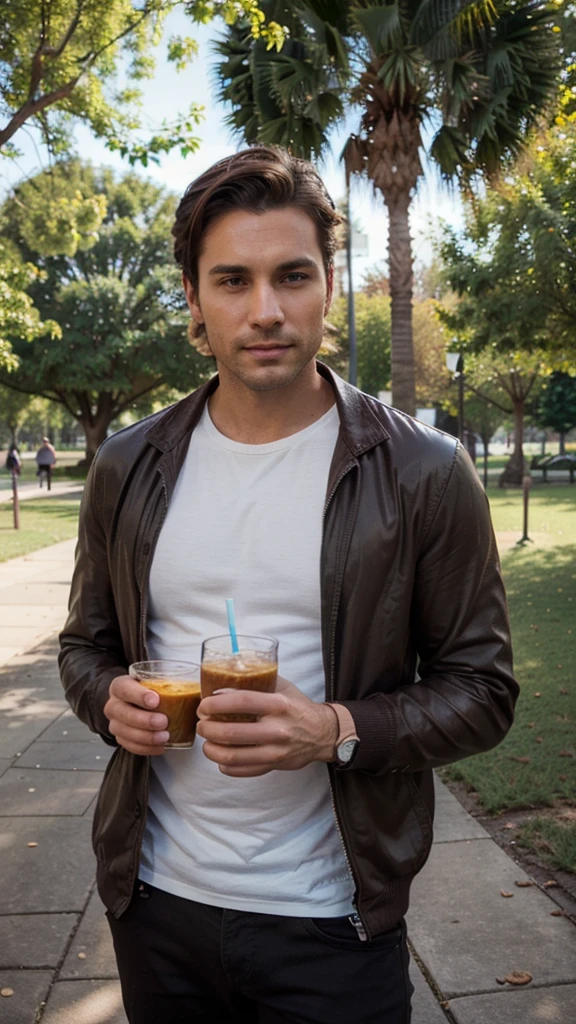 Very handsome man, 29yo, dark brown hair, Wear, Consultation, posing, Wearing in the park, drinking protein shake, realphoto