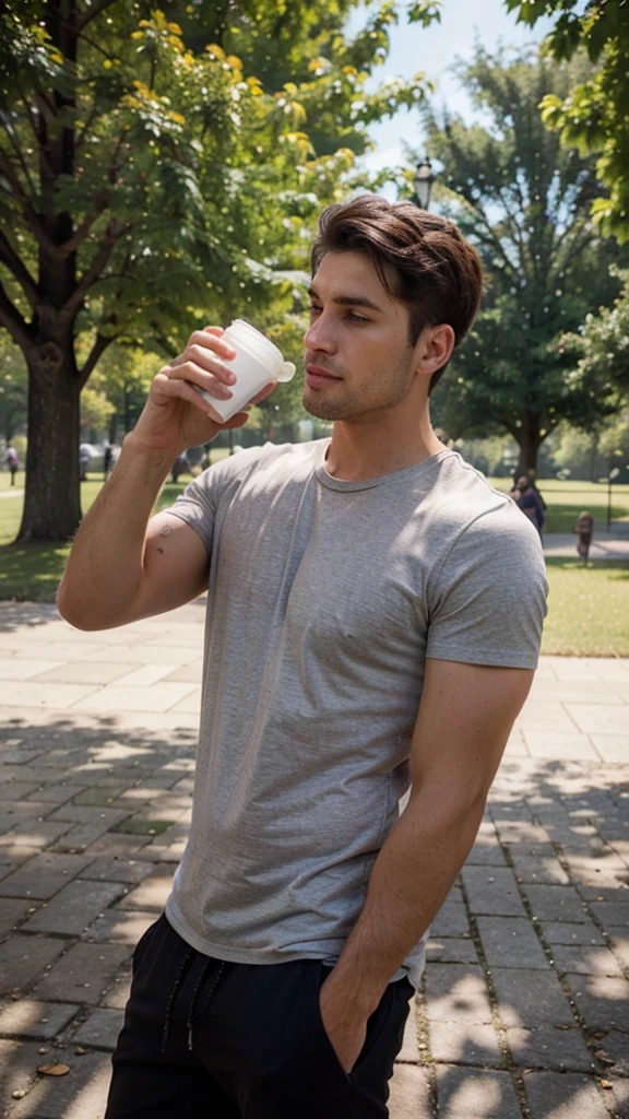 Very handsome man, 29yo, dark brown hair, Wear, Consultation, posing, Wearing in the park, drinking protein shake, realphoto