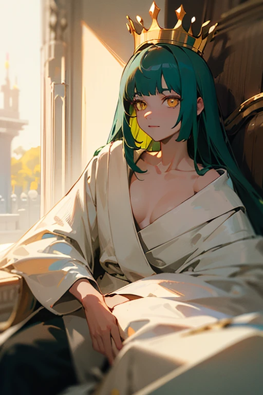 top quality,Perfect Face, long dark green hair, yellow eyes, collarbone,Master of Light and Shadow,crown,Sitting in the luxurious palace