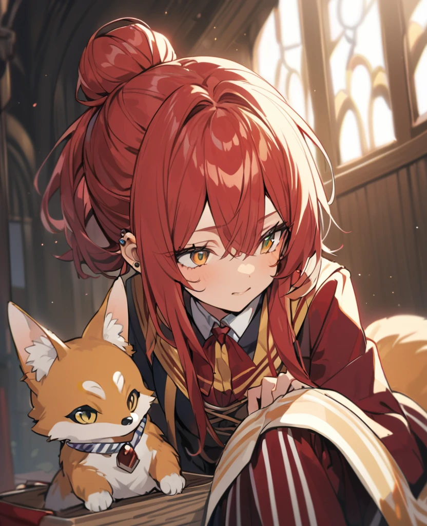 Female,5'6,pierced ears,light skin,hazel eyes,red long hair in a messy bun ,hogwards uniform,fennec fox as her pet