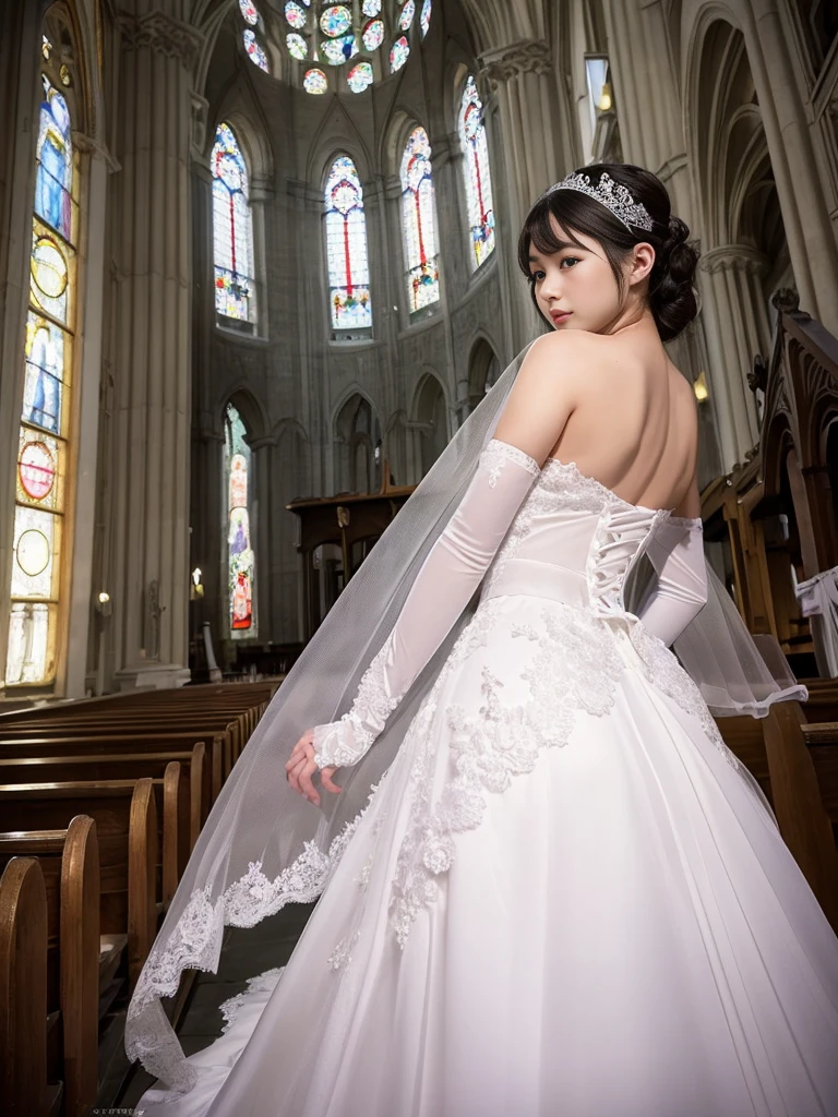 ((masterpiece))、((Highest Resolution))、((lonely japanese woman))、(Transparent white skin)、(((In the background is a large Roman church)))、(((Facing forward)))、With hands clasped together, looking up to the sky as if praying、((Depict the whole body))、High heels、Pink Wedding Dress、A dress with lots of lace、Expensive dresses、A dress with delicate embellishments、Straight long hair、Black Hair、Wearing white sheer lace wedding gloves、Narrow waist、Long lace stretches out at the back、round face、Very large breasts、Very big ass、