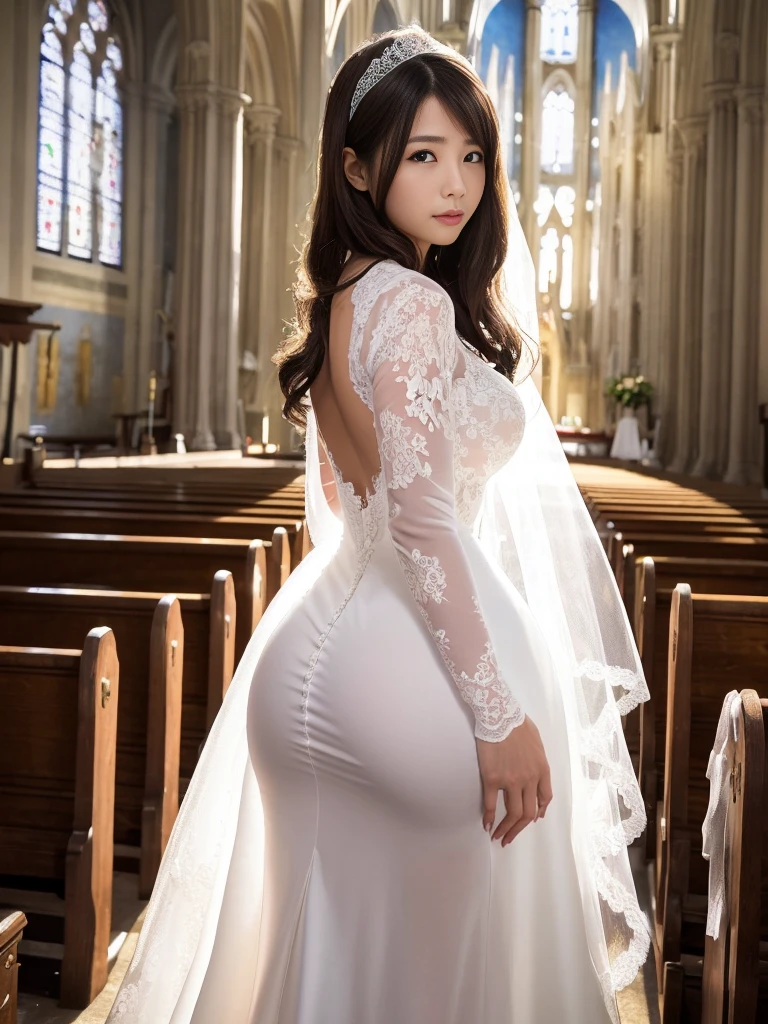 ((masterpiece))、((Highest Resolution))、((lonely japanese woman))、(Transparent white skin)、(((In the background is a large Roman church)))、(((Facing forward)))、With hands clasped together, looking up to the sky as if praying、((Depict the whole body))、High heels、Pink Wedding Dress、A dress with lots of lace、Expensive dresses、A dress with delicate embellishments、Straight long hair、Black Hair、Wearing white sheer lace wedding gloves、Narrow waist、Long lace stretches out at the back、round face、Very large breasts、Very big ass、