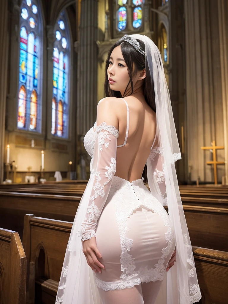 ((masterpiece))、((Highest Resolution))、((lonely japanese woman))、(Transparent white skin)、(((In the background is a large Roman church)))、(((Facing forward)))、With hands clasped together, looking up to the sky as if praying、((Depict the whole body))、High heels、Pink Wedding Dress、A dress with lots of lace、Expensive dresses、A dress with delicate embellishments、Straight long hair、Black Hair、Wearing white sheer lace wedding gloves、Narrow waist、Long lace stretches out at the back、round face、Very large breasts、Very big ass、